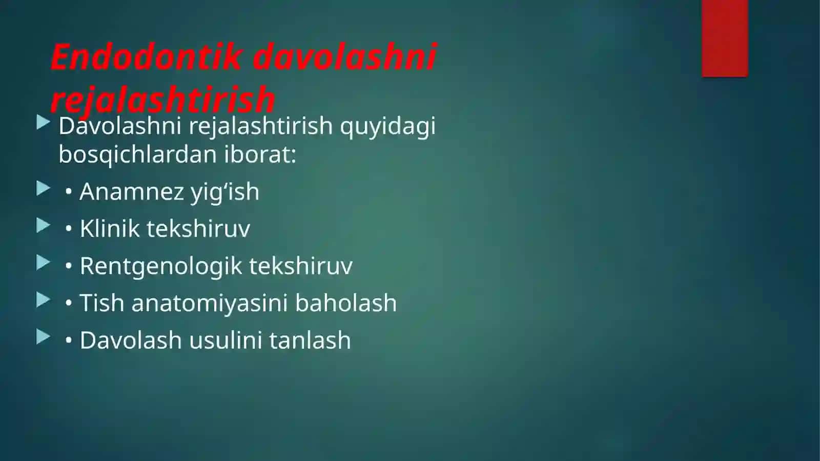 Endodontik davolashni rejalashtirish va tashkillashtirish tamoyillari.Endodontik davolash sifatini o 4