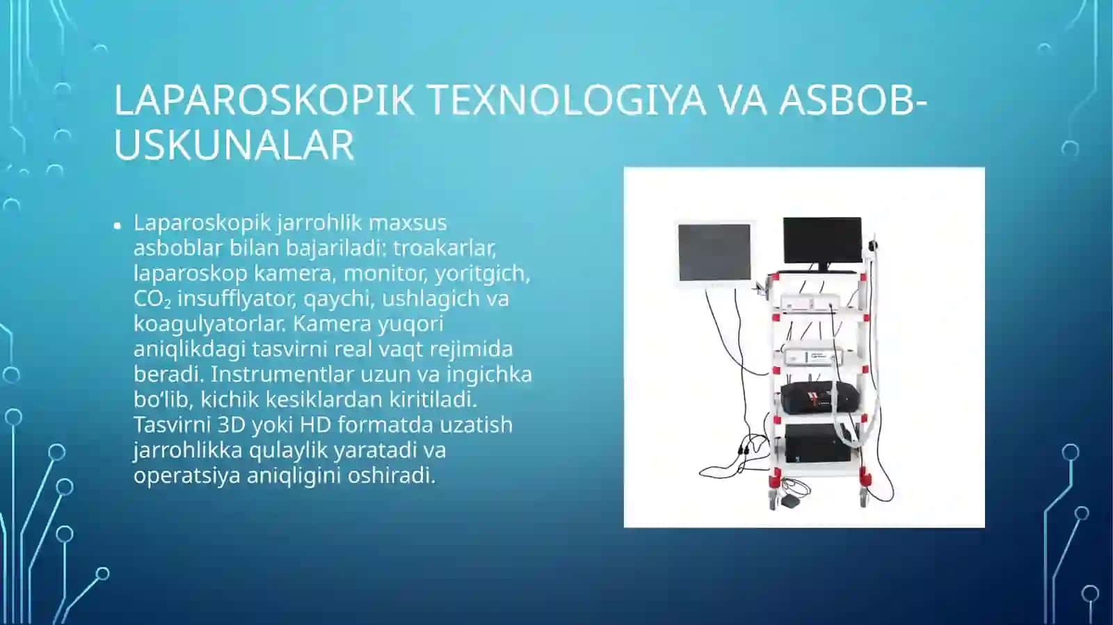 Biofizika - Laparoskopiyaning jarrohlikda qoʻllanilishi (11 slayd PPT)Fan: Biofizika
Mavzu: Laparosk 4