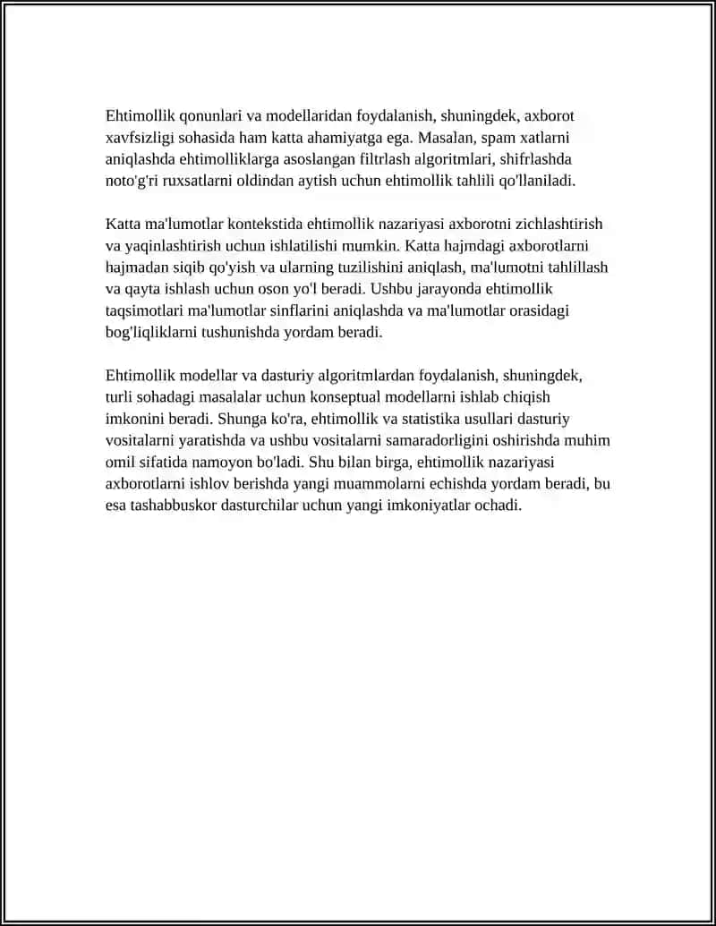 AXBOROTLARGA ISHLOV BERISHDA EHTIMOLLIK QONUNLARDAN FOYDALANISH USULLARI VA ALGORITMLARI ASOSIDA DASTURIY VOSITA YARATISH 4