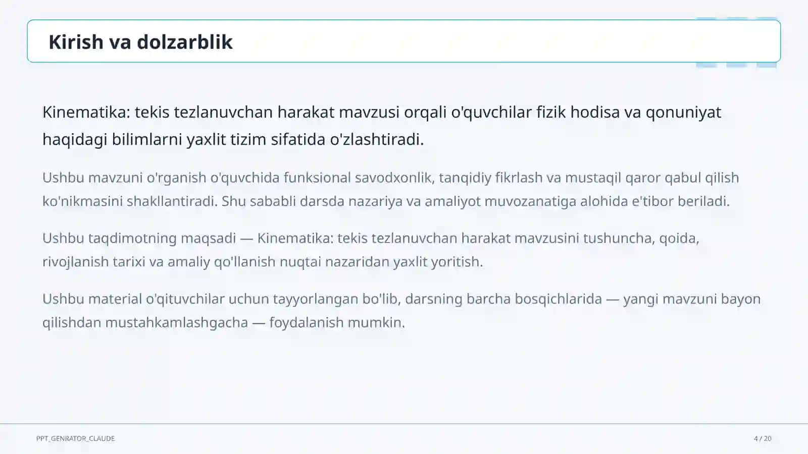 Kinematika: tekis tezlanuvchan harakat (9-sinf) 4