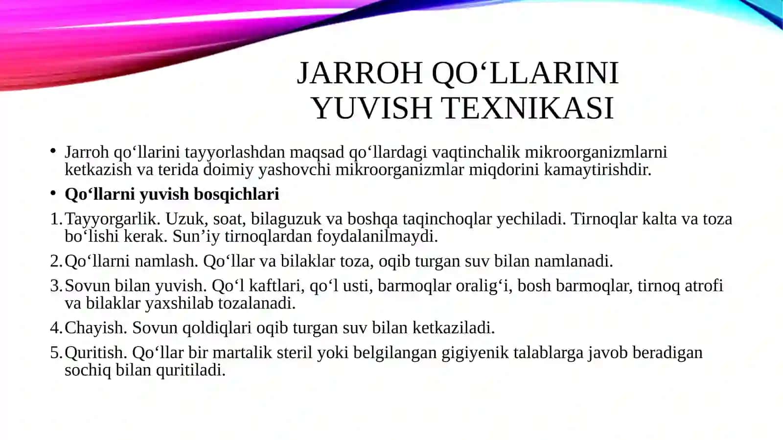 Jarroh qo‘llarini yuvish, antiseptiklar bilan ishlov berish va steril qo‘lqop, xalat kiyish texnikasi 4