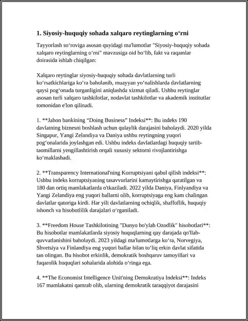SIYOSIY-HUQUQIY SOHADAGI USTUVOR HALQARO REYTINGLAR VA ULARGA O'ZBEKISTONNING INTEGRATSIYALASHUVI 4