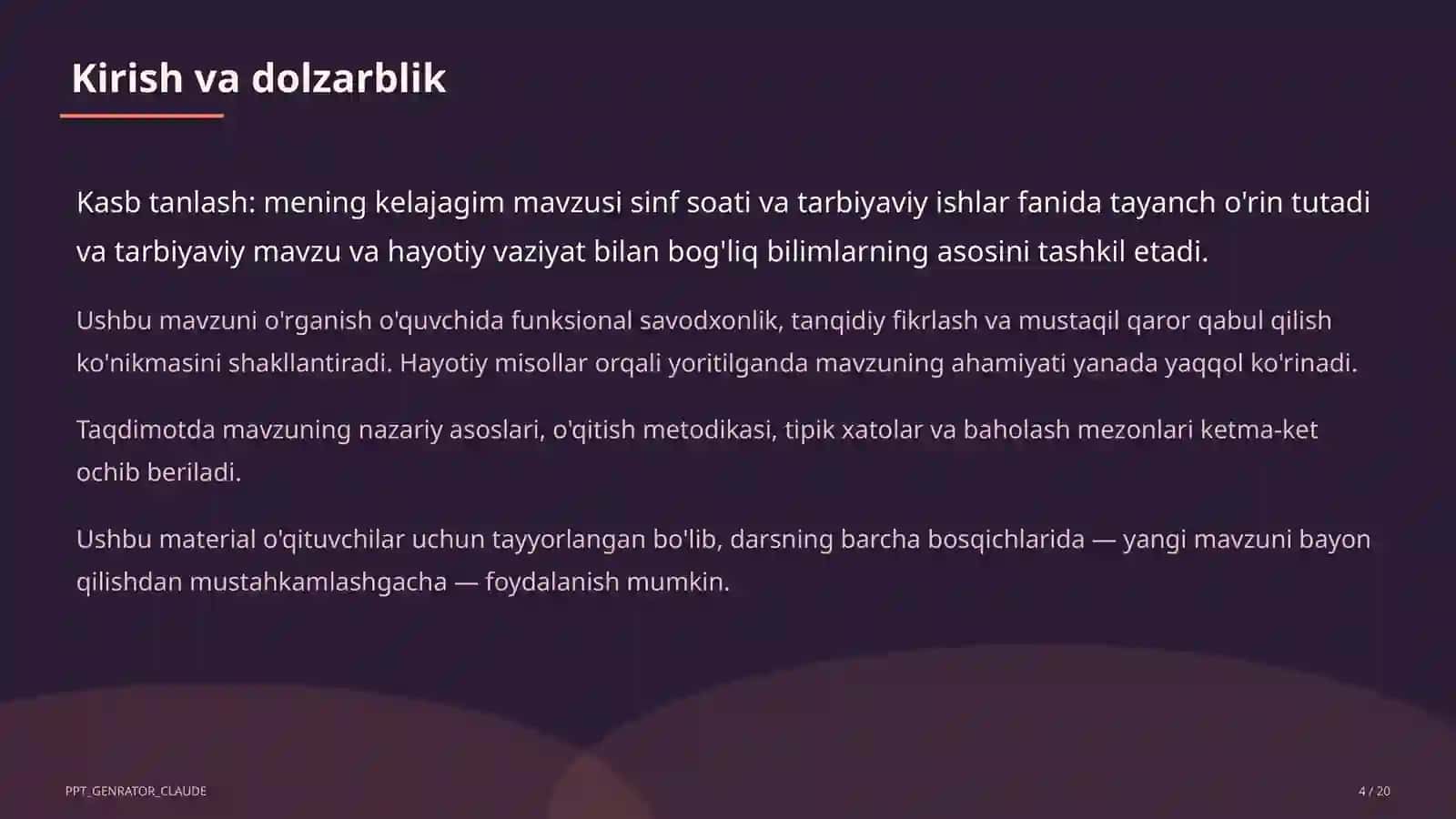 Sinf soati va tarbiyaviy tadbirlar (1– 11) — o'qituvchilar uchun 4