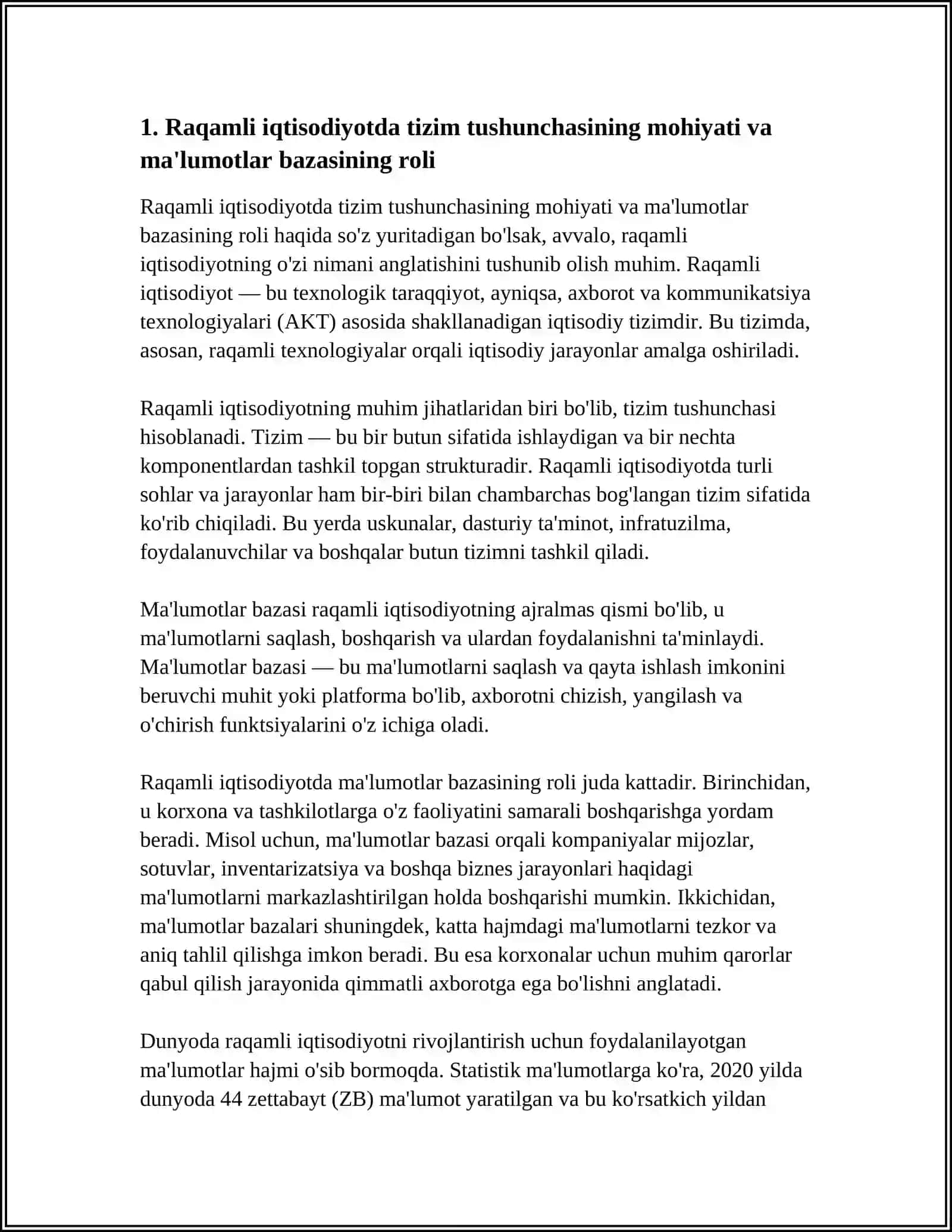 RAQAMLI IQTISODIYOTDA TIZIM TUSHUNCHASINING AHAMIYATI VA UNDAGI OB'EKTLARNI ÕZARO BIR-BIRI BILAN AXBOROT-KOMMUNIKATSIYA TEXNOLOGIYALARI YORDAMIDA ALOQA ÕRNATISHDA MA'LUMOTLAR BAZASINING TUTGAN ÕRNI 4
