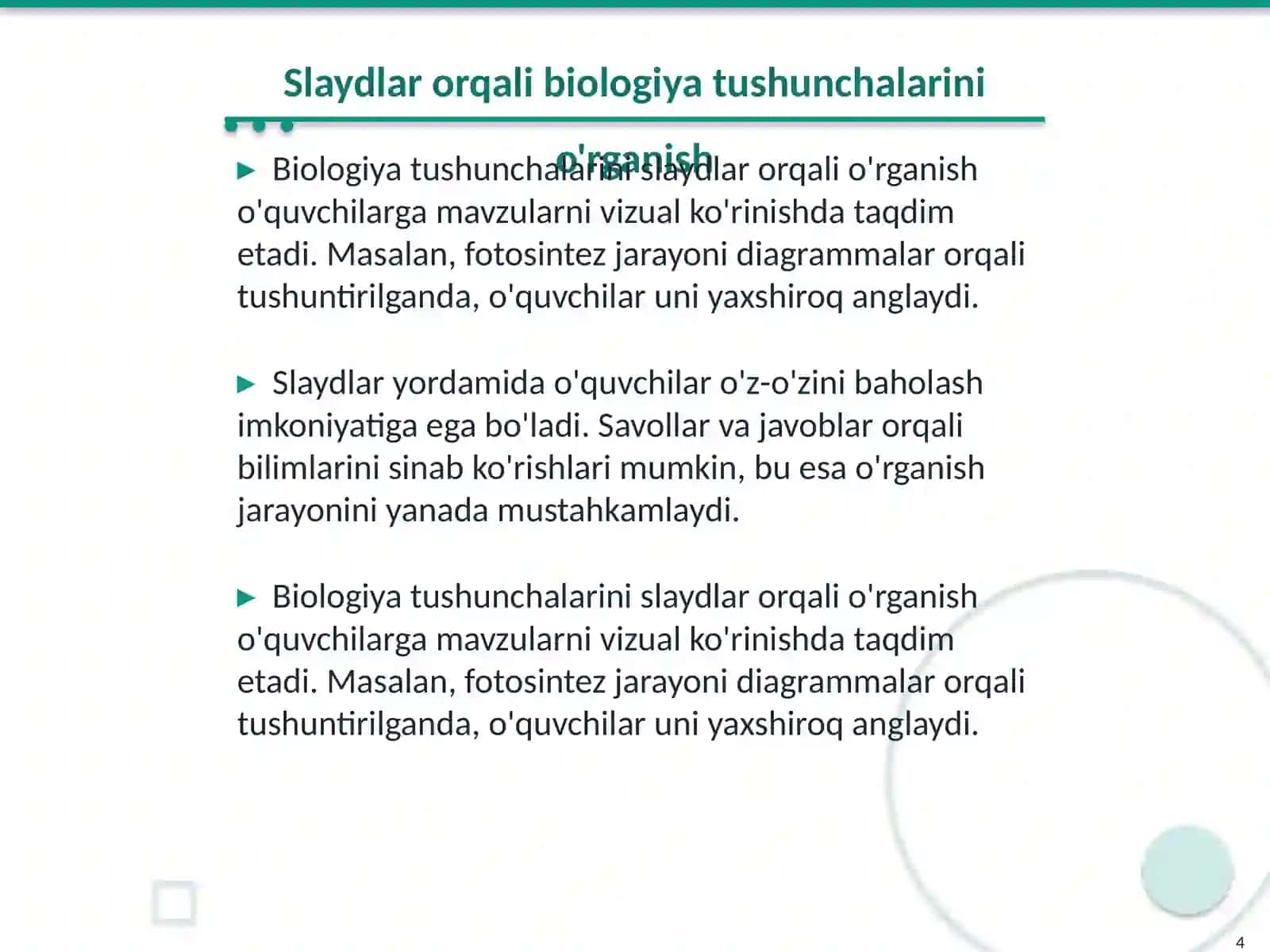 Biologiya fanidan foydalaniladigan slaydlar tayyorlash 4
