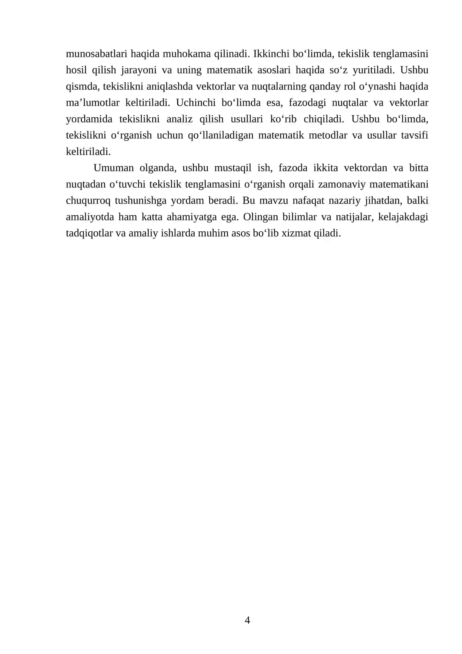 Fazoda ikkita vektordan va bitta nuqtadan oʻtuvchi tekislik tenglamasi 4