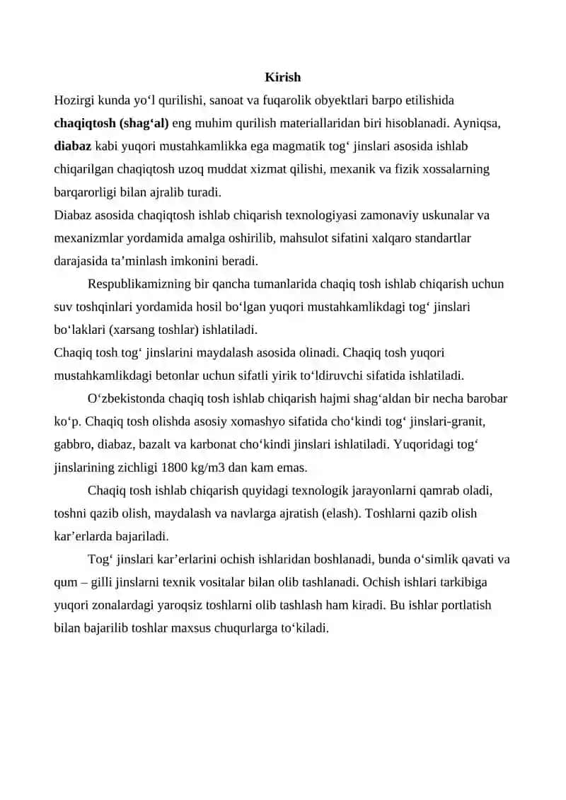 kurs ishi. Diabaz asosida chaqiqtosh ishlab chiqarish texnalogiyasi. diabazni mineralogik tarkibi! To’ldiruvchiga qo’yilgan texnik talablar va ushbu to’ldiruvchi orqali olinadigan beton sinflari, gostlari asosida 4