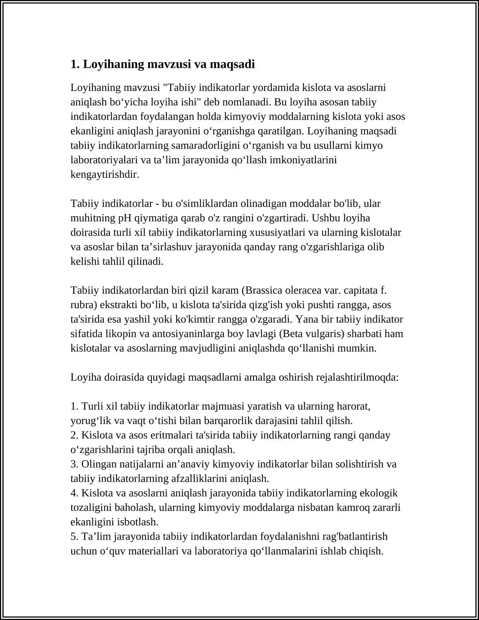 TABIIY ENDIKATORLAR YORDAMIDA KISLOTA VA ASOSLARNI ANIQLASH BOʻYICHA LOYIHA ISHI 4