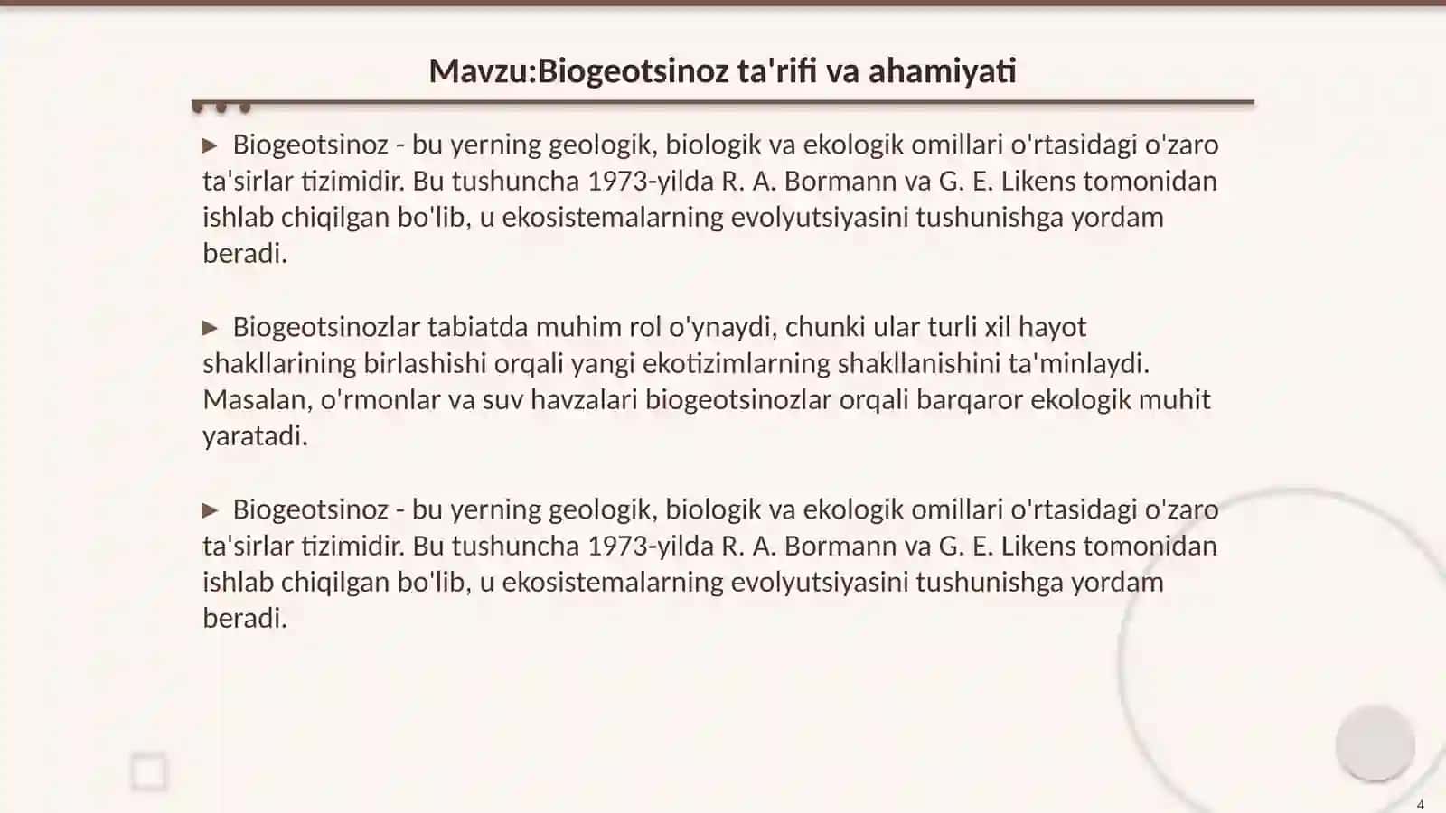 Biotsenoz, biogeotsinoz va ekotizimlarning tuzilmalari va xususiyatlari 4