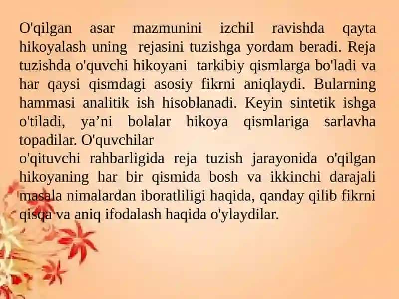 Boshlang‘ich ta’limda matn ustida ishlash orqali o‘quvchilar nutqini va mustaqil fikrlash qobiliyatini o‘stirish. Boshlang‘ich ta’lim jarayonida o‘quvchilarni ijodiy matn tuzishga o‘rgatish, diktant, bayon va insho matni ustida ishlash metodikasi. 4