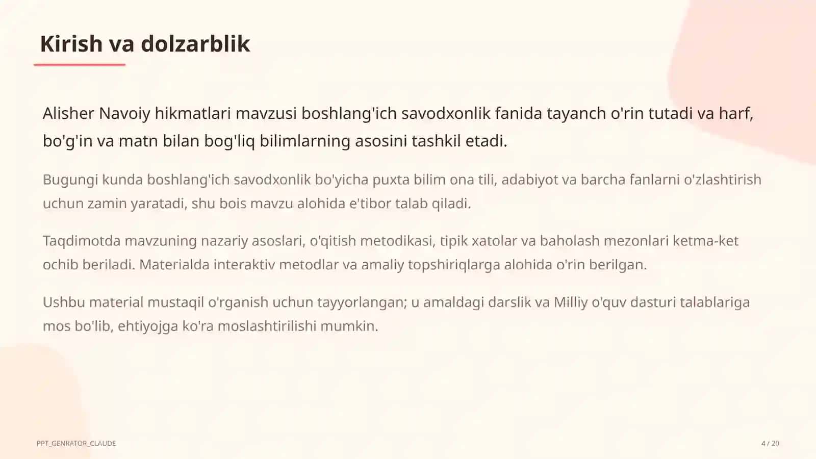 Boshlang'ich sinf: Ona tili va o'qish (1–4) — mustaqil o'rganish uchun 4