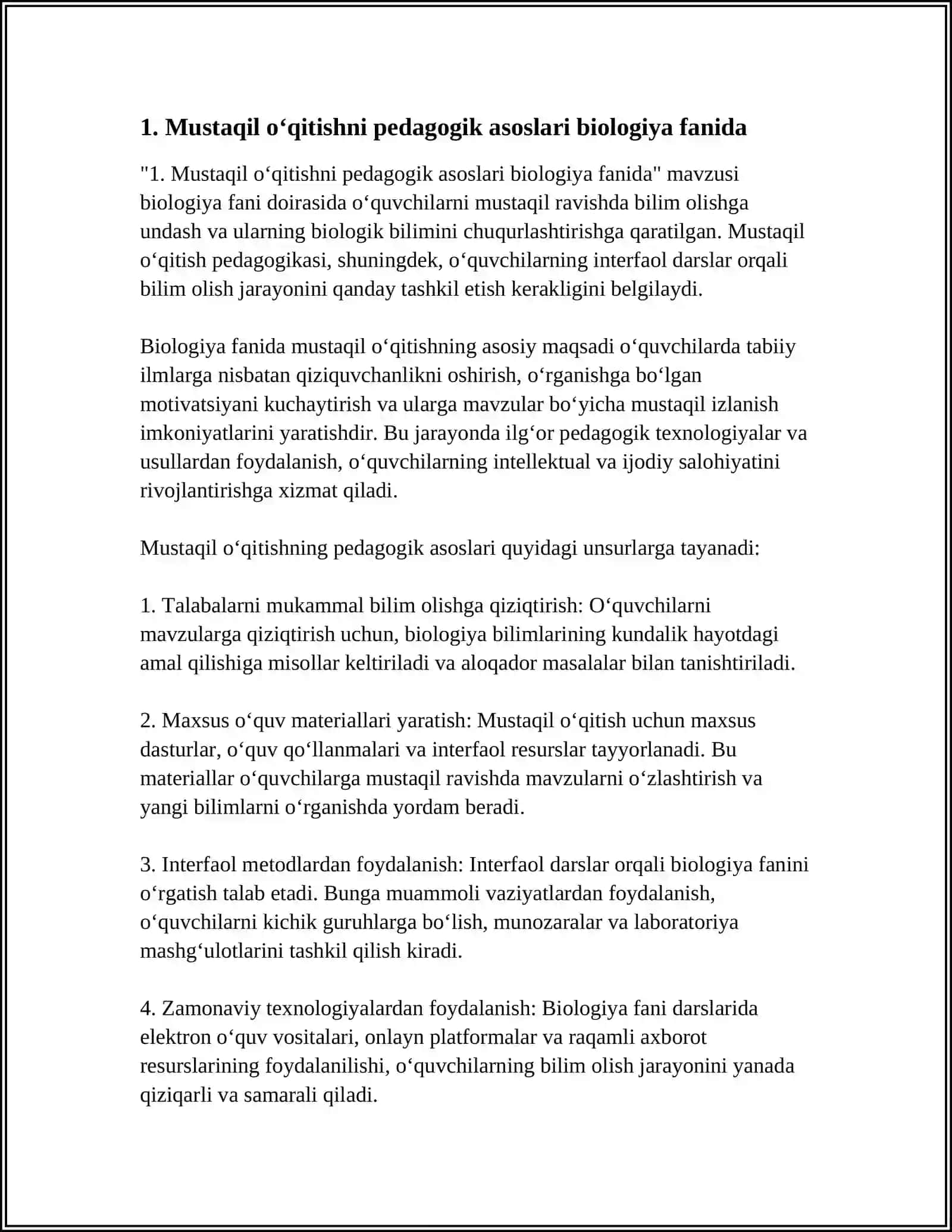 MUSTAQIL O’RGANISH VA O’QUVCHILARNING BIOLOGIK BILIMINI RIVOJLANTIRISHGA QARATILGAN INTERFAOL DARSLARNI TASHKIL ETISH METODIKASI 4