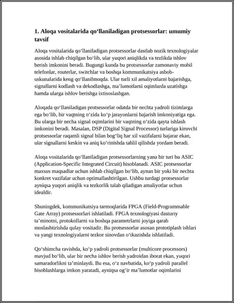 Aloqa vositalarida qo‘llaniladigan protsessorlar. DSP protsessorlari va signallarni qayta ishlash arxitekturasi. Network Processing Unit (NPU) turlari va ularning funktsiyalari 4