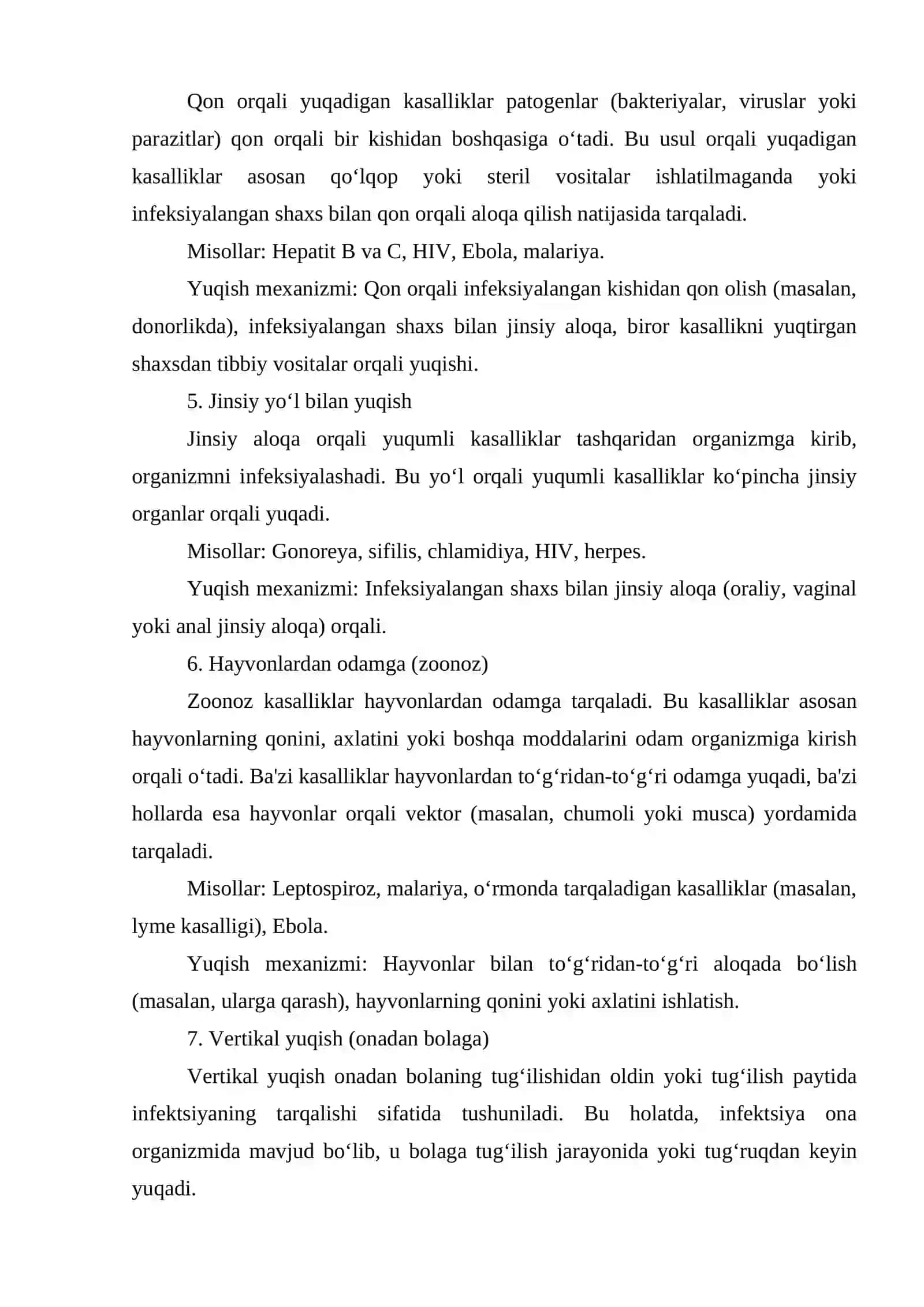 Yuqumli kasalliklar yuqish yo‘llari, davrlari. Yuqumli kasalliklarga bakteriologik, parazitologik, mikologik, virusologik, serologik, biologik tashxis qo‘yish usullari. 4