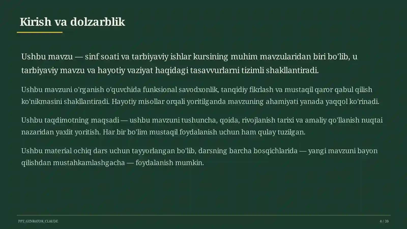 Sinf soati va tarbiyaviy tadbirlar (1– 11) — ochiq dars uchun 4