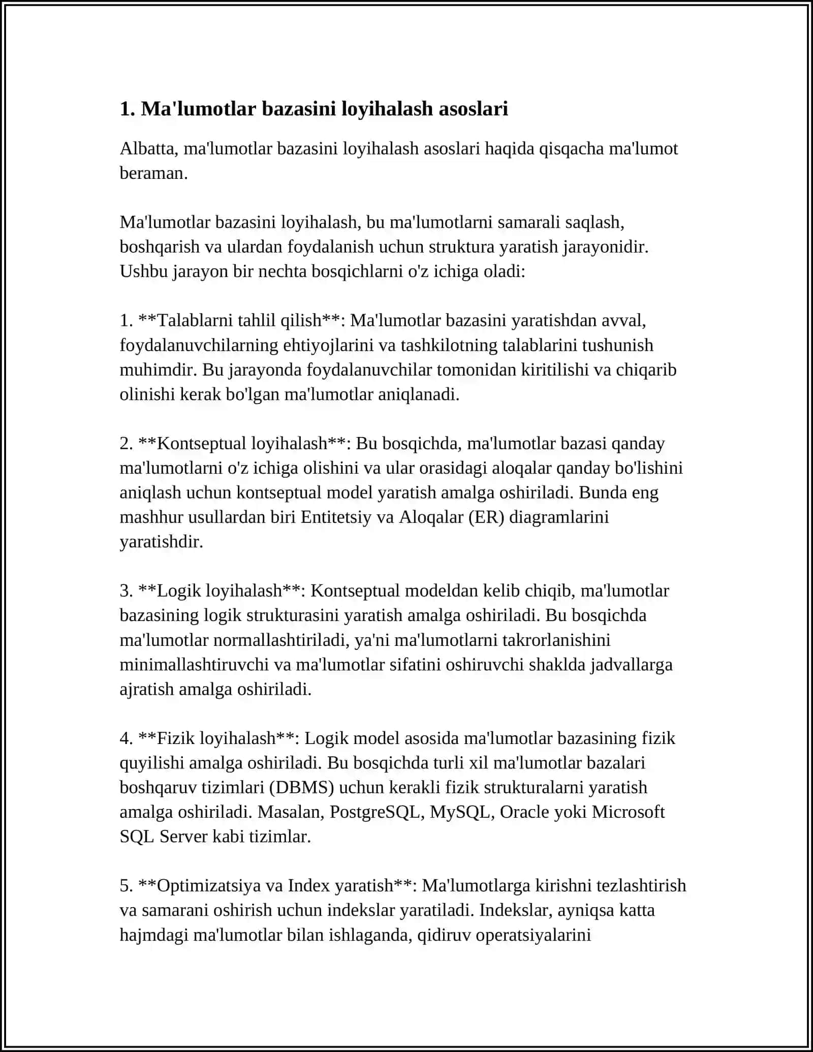 KICHIK LOYIHA – SQLDA ODDIY MA’UMOTLAR BAZASINI YARATISH, MA’LUMOTLAR KIRITISH VA TURLI SO‘ROVLAR YOZISH (MASALAN, TALABA RO‘YXATI VA ULARNING BAHOLARI HAQIDAGI BAZANI YARATISH) 4