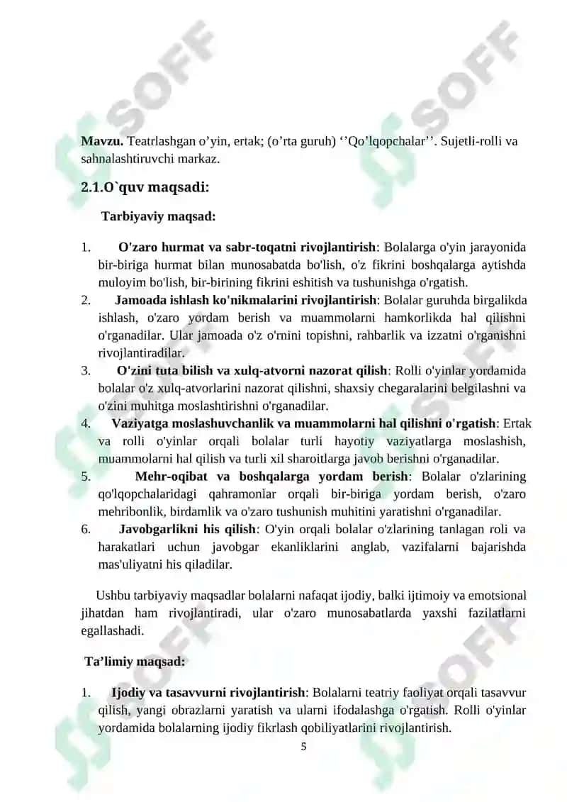 Teatrlashgan o’yin, ertak; (o’rta guruh) ‘’Qo’lqopchalar’’. Sujetli-rolli va  sahnalashtiruvchi markazi 5