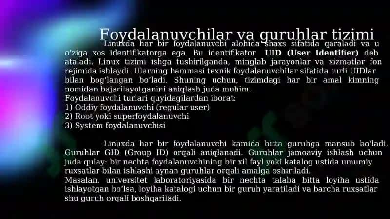 Linux OTda imtiyozlar turlari, xavfsizlik imkoniyatlari bilan tanishish. 5