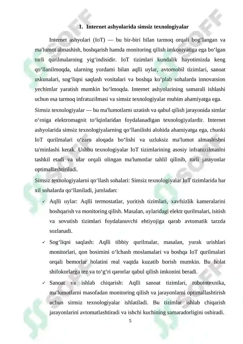 Internet ashyolarida qo‘llaniladigan simsiz texnologiyalari. GPRS, small cell standartlari. Tarmoqning strukturasi va topologiyasi. 5