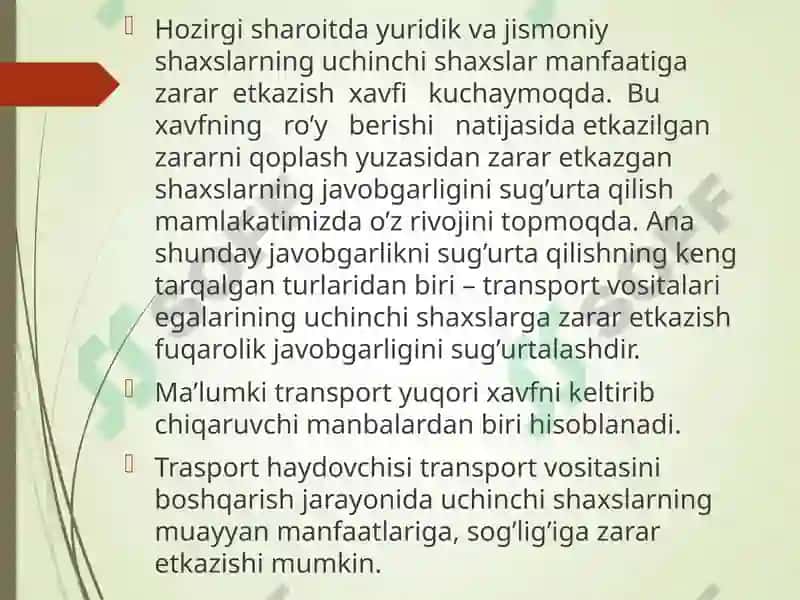 Avtotransport vositalari egalarining uchinchi shaxslar oldidagi fuqarolik javobgarligini sug’urtalash 5