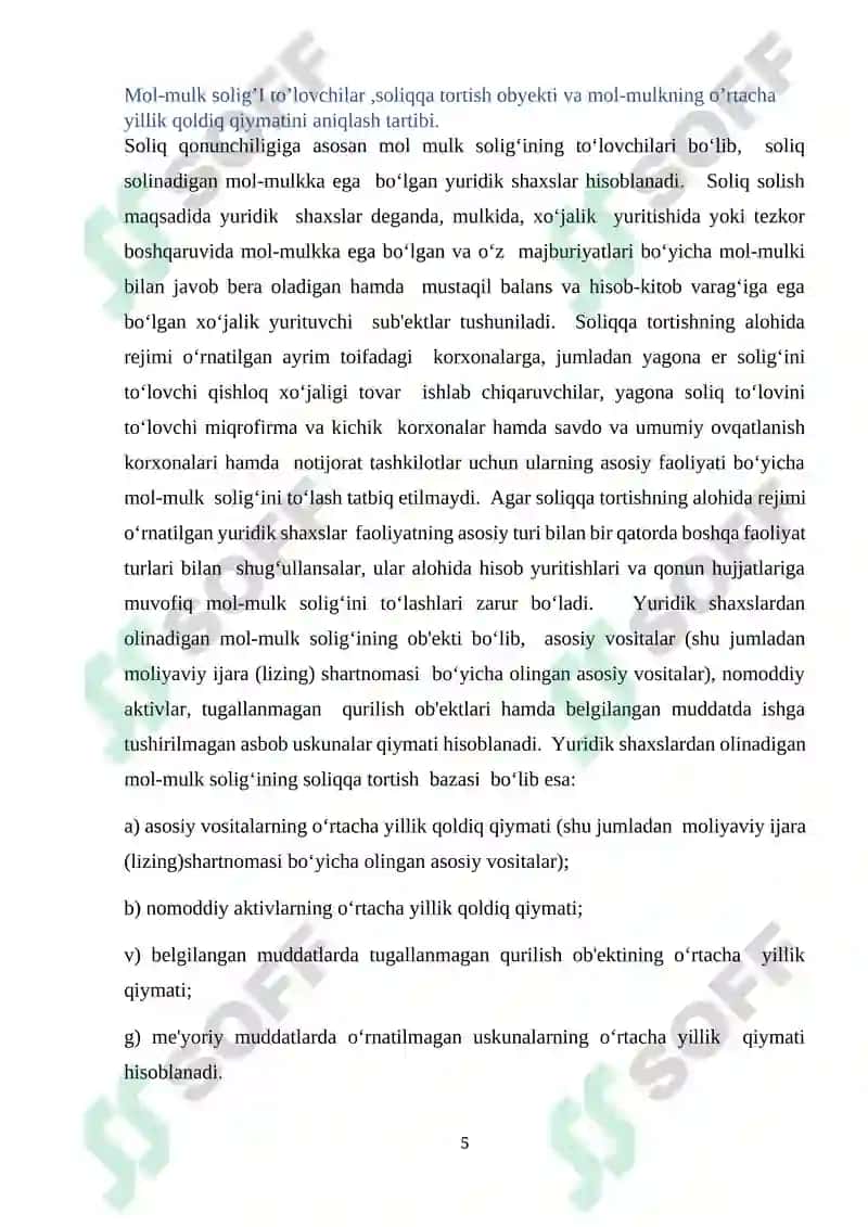 Mol mulk va mulkiy daromadlarga soliq solish.Tadbirkorlik subyektlarini soliqqa tortish mexanizmi. 5