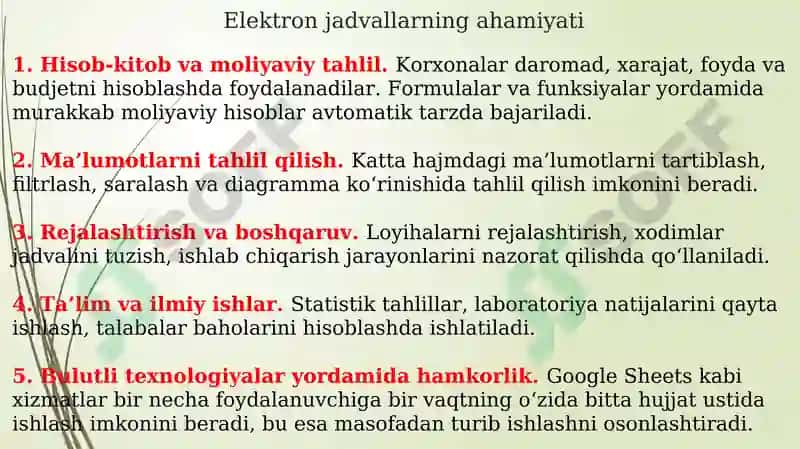 Elektron jadval yaratishning zamonaviy vositalari 5