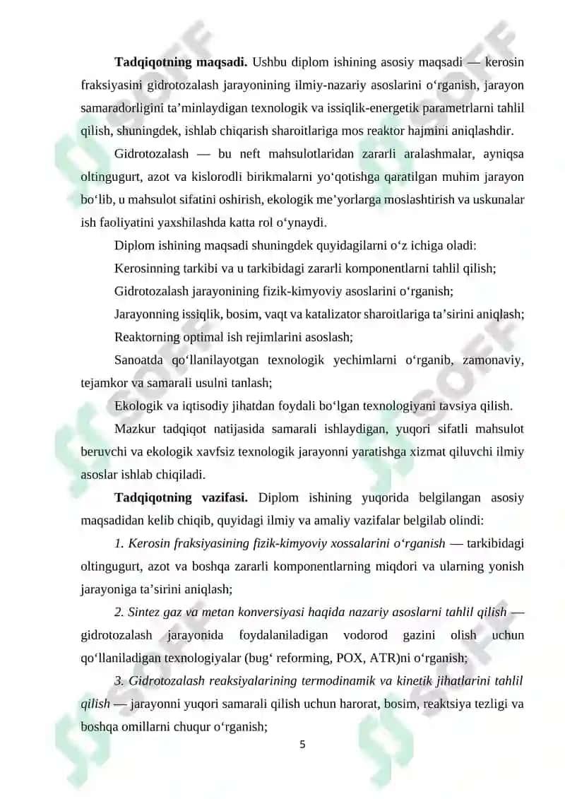 Kerosinni gidrotozalash jarayoni taxlili va reaktorni hisob 5