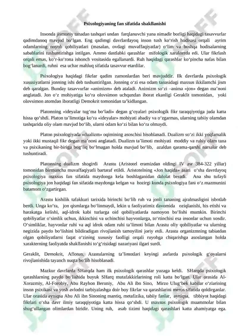 PSIXOLOGIYA FANINING PREDMETI MAQSAD VAZIFALARI. TIBBIYOTDA PSIXOLOGIK BILIMLARNING O‘RNI VA AHAMIYATI 5