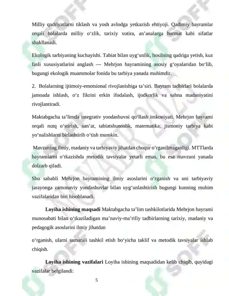 Maktabgacha ta’lim tashkilotlarida Mehrjon bayrami munosabati bilan ma’naviy-ma’rifiy tadbirlarni tashkil etish Mehrjon bayrami Loyiha ishi 5