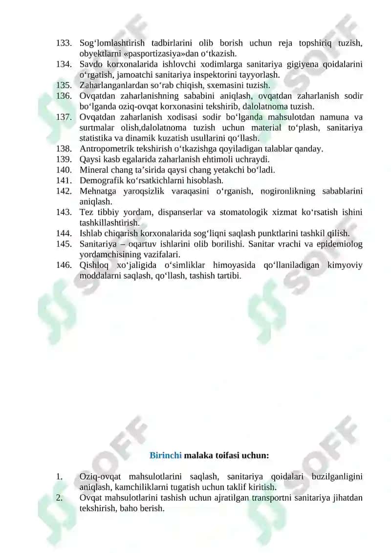 Tibbiy-profilaktika ishi (Sanitar vrach yordamchilari uchun) bo‘yicha shakllantirilgan og‘zaki savollar ro‘yxati 5