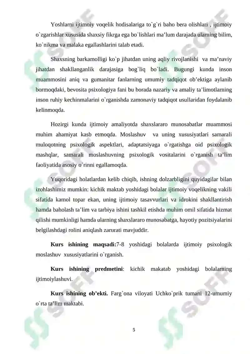 7-8 yoshli bolalarni ijtimoiy psixologik moslashuvini psixolog olimlar tomonidan o'rganilishi va bola shaxsini shakllanishi 5