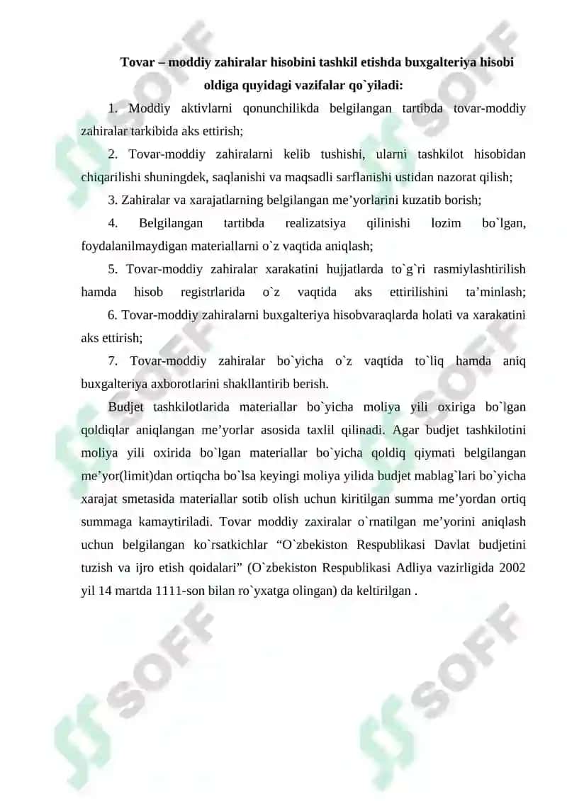 Budjet tashkilotlarida tovar-moddiy zaxiralar hisobi REFERAT 5