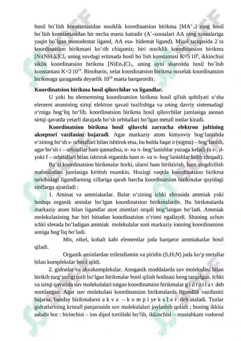Koordinatsion birikmalar hosil bo`lishda ligandlarning o`rni va ularning tuzilish izomeriyasi 5