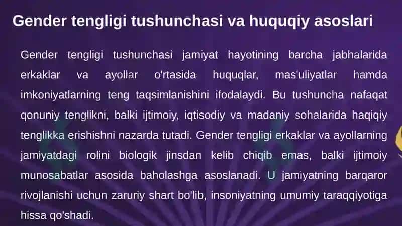 Erkak va ayollarning teng huquq va imkoniyatlarini ta’minlashga qaratilgan qonunchilik yo‘nalishlari 5
