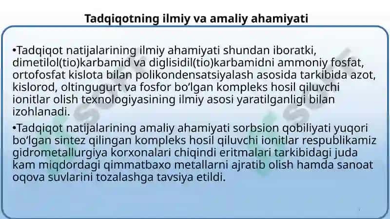 TARKIBIDA KISLAROD VA AZOT BO`LGAN IONITLAR SINTEZI VA ULARNI TAHLIL QILISH. 5