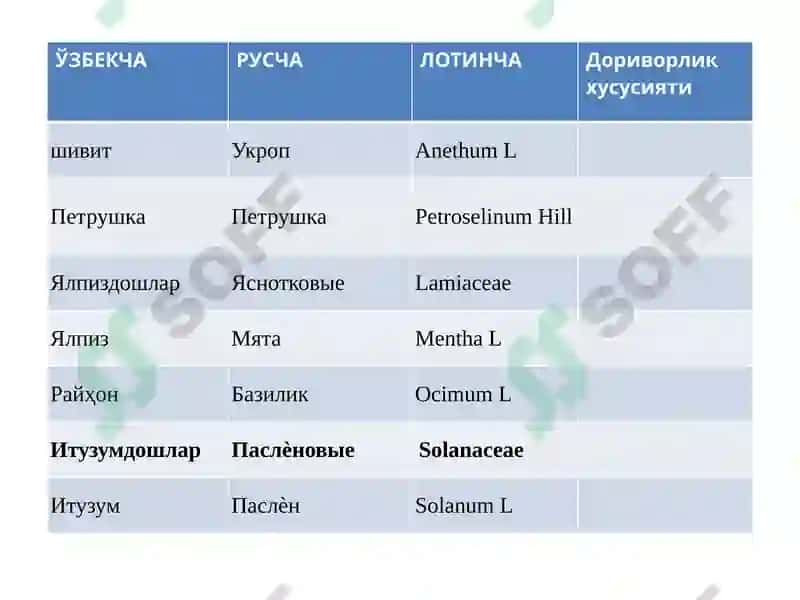 Сабзавот ва полиз доривор ўсимликларнинг рўйхати 5