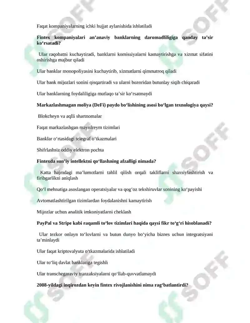 Raqamli bank ishi yakuniy testlar toplami 5