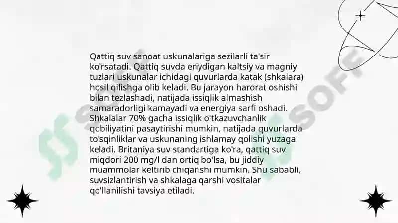 Suvning qattiqligi va uni yumshatishning texnikadagi ahamyati 5