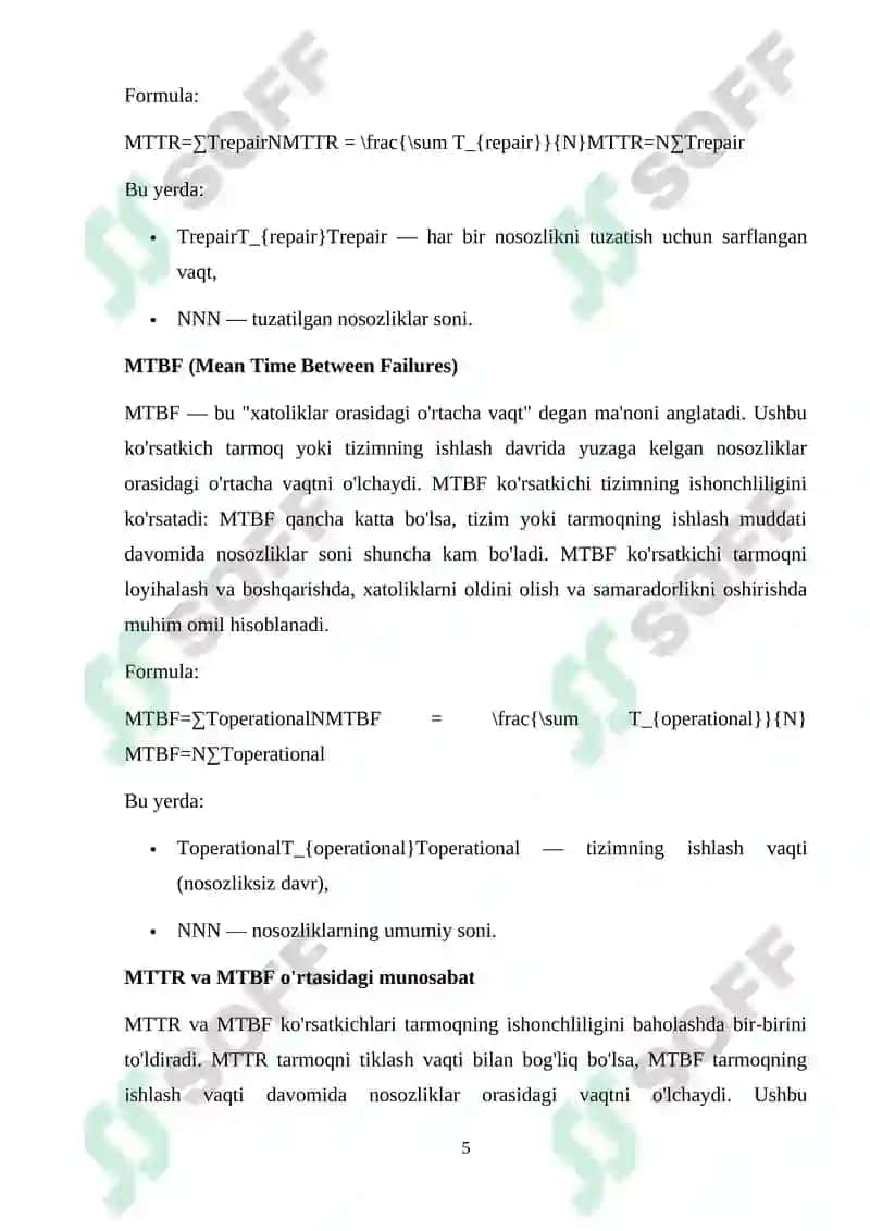 Ma’lumotlar uzatish tarmoqlarining ishonchlilik ko`rsatkichlariga talablar va ularni oshirish usullari. Ma’lumotlar uzatish tarmoqlarida monitoring usullari va protokollari 5