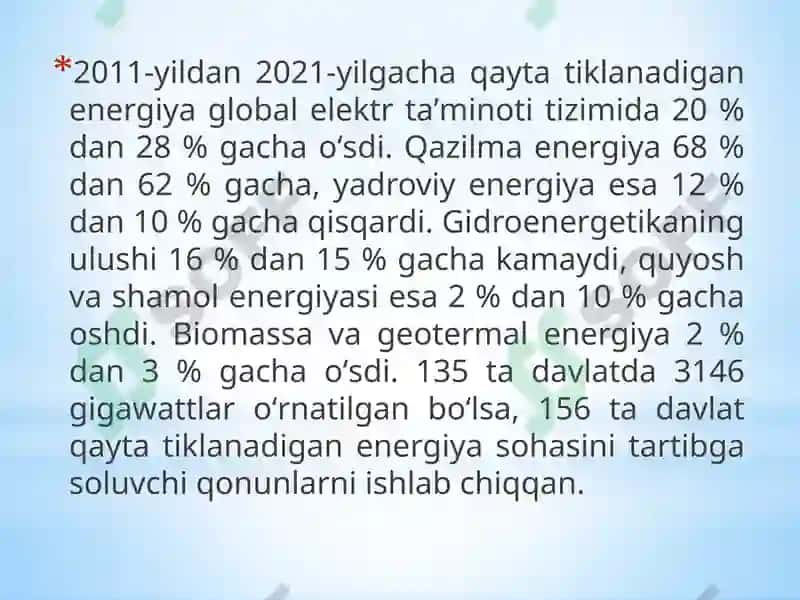 qayta tiklanadigan energiya tasnifi va salohiyati 5