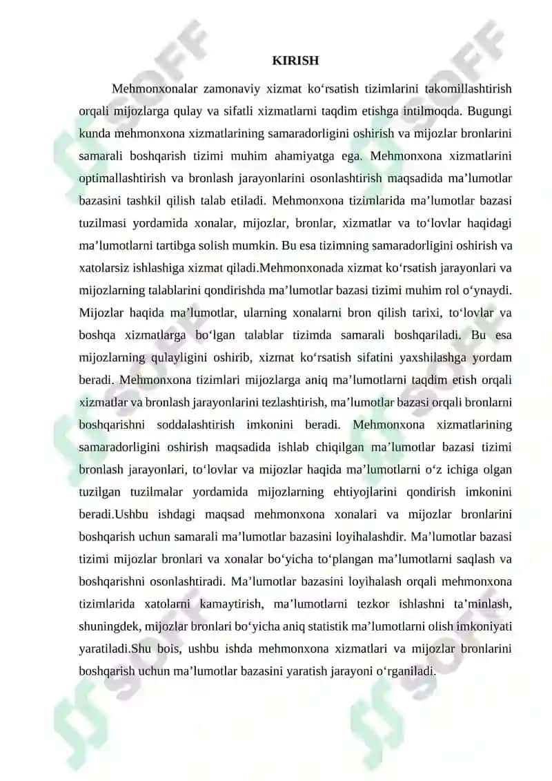Mehmonxona xonalari va mijozlar bronlarini boshqarish uchun ma'lumotlar bazasini yaratish 5