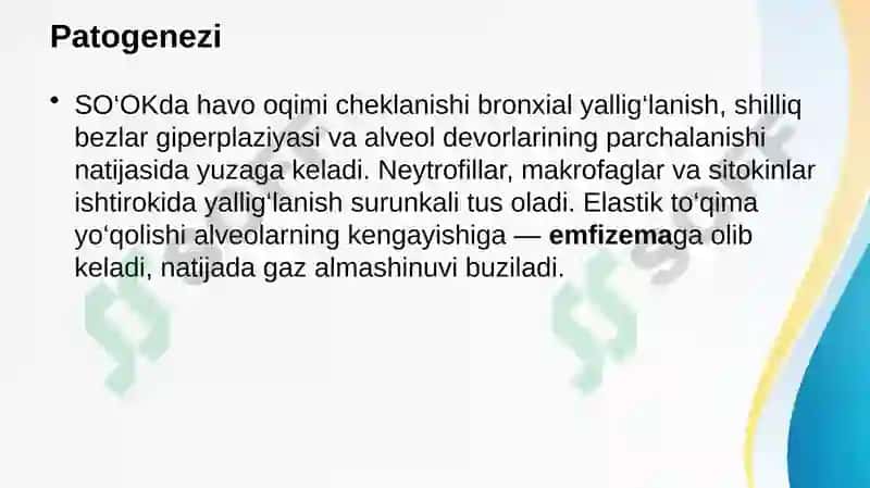 O’pkaning surunkali obstruktiv kasalliklari. Pnevmoskleroz. O’pka emfizemasi diagnostikasi (etiologiya, patogenez, klinika, tekshiruv uslublari, kechishi, davolash) 5