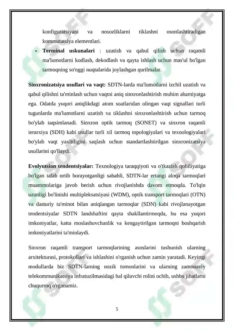 Sinxron raqamli transport telekommunikatsiya tarmoqlarining tuzilishi 5
