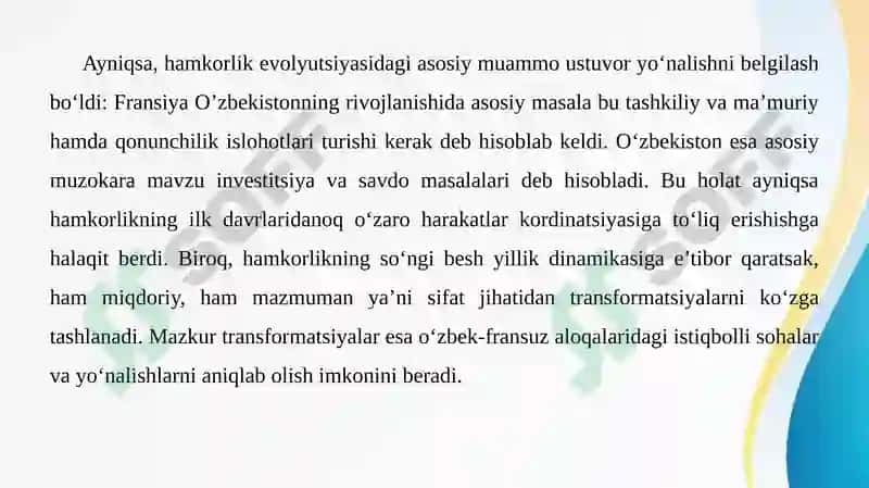 O'zbekiston va Fransiya hamkorlik aloqalari 5