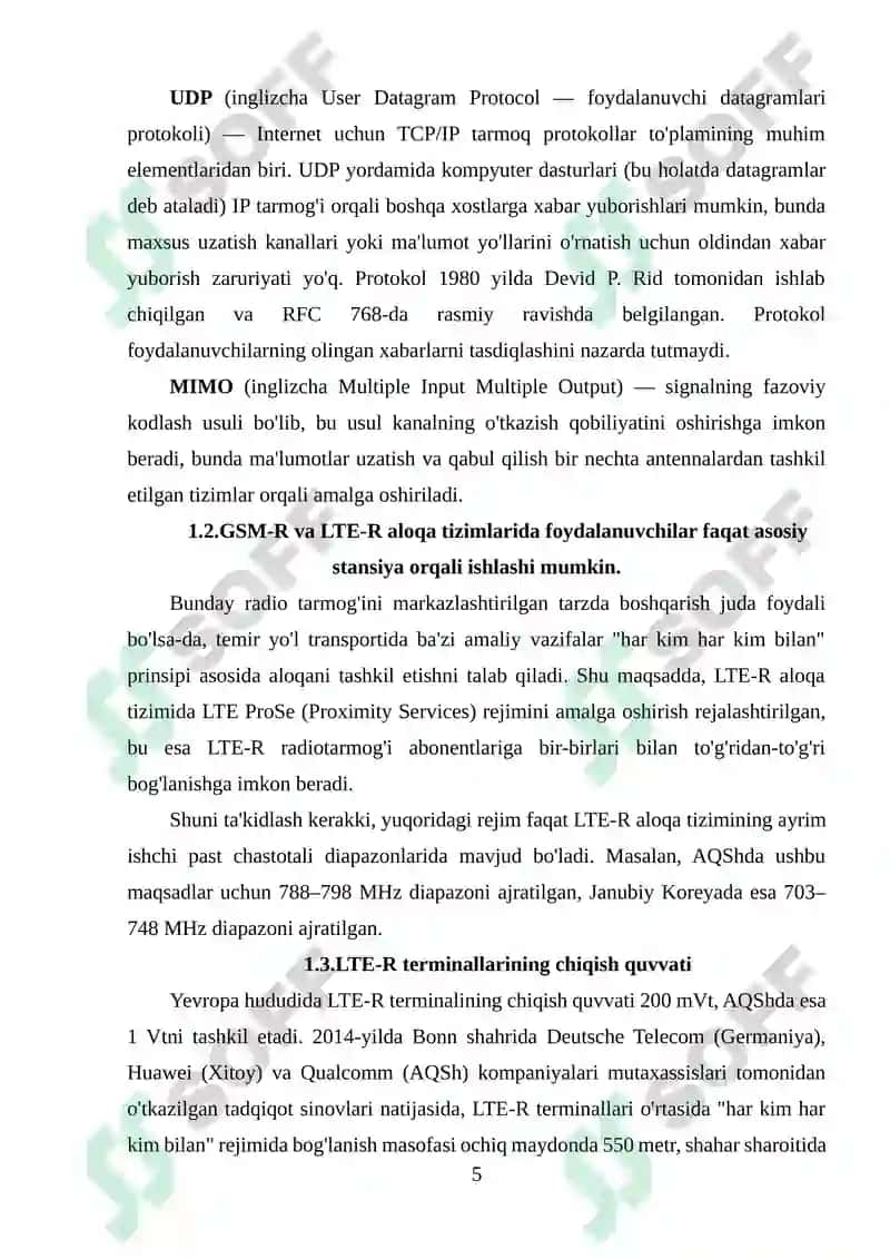 LTE-R tarmoqlari yordamida temir yo‘l transportida yo‘lovchi xizmatlari sifatini oshirish. 5