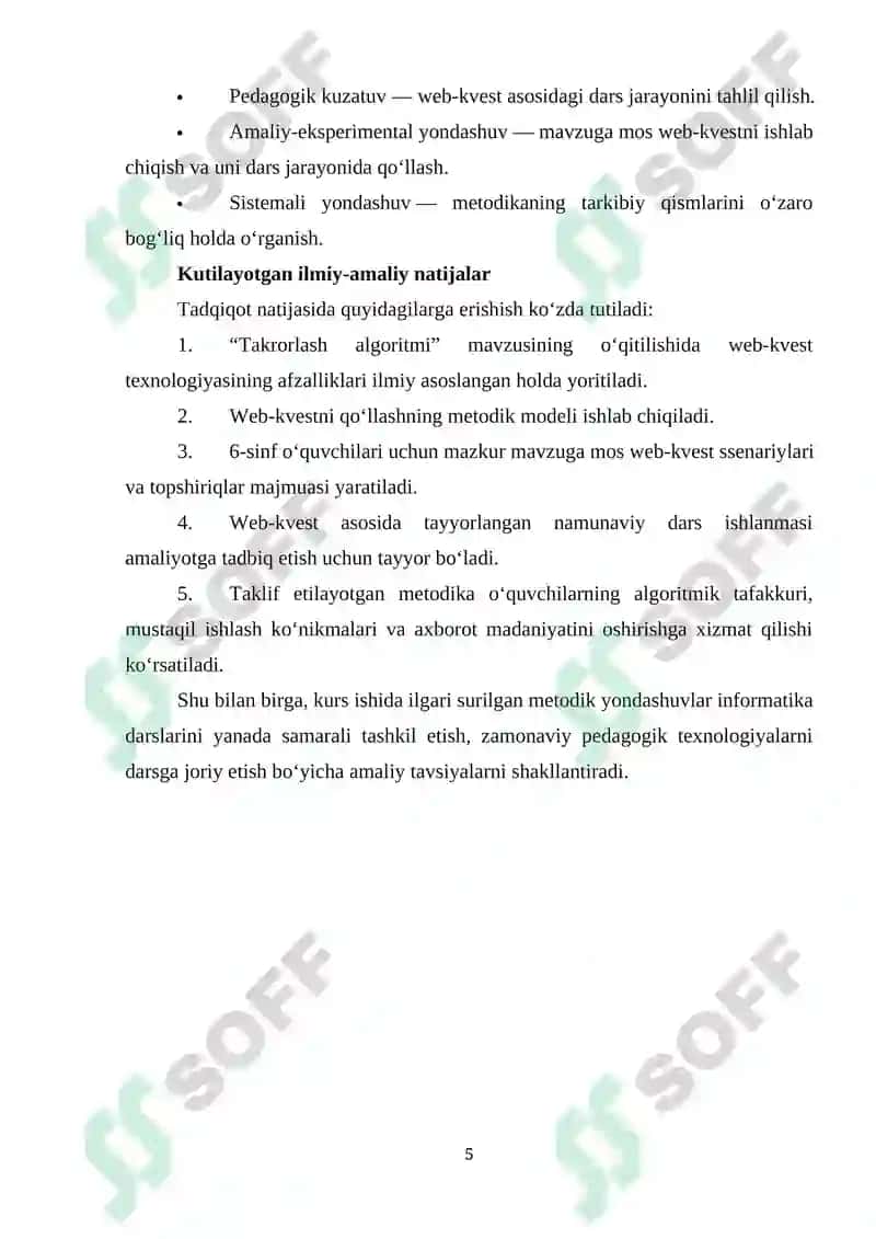Umumiy orta talim maktablarining 6-sinfida Informatika va AT fanidan “Takrorlash algoritmi” mavzusini o‘qitishda web-kvestlardan foydalanish 5