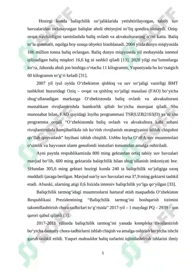 KATTAQO‘RG‘ON SUV OMBORIDA YETISHTIRILADIGAN PELAGOFIL BALIQLARNING BIOEKOLOGIYASI 5