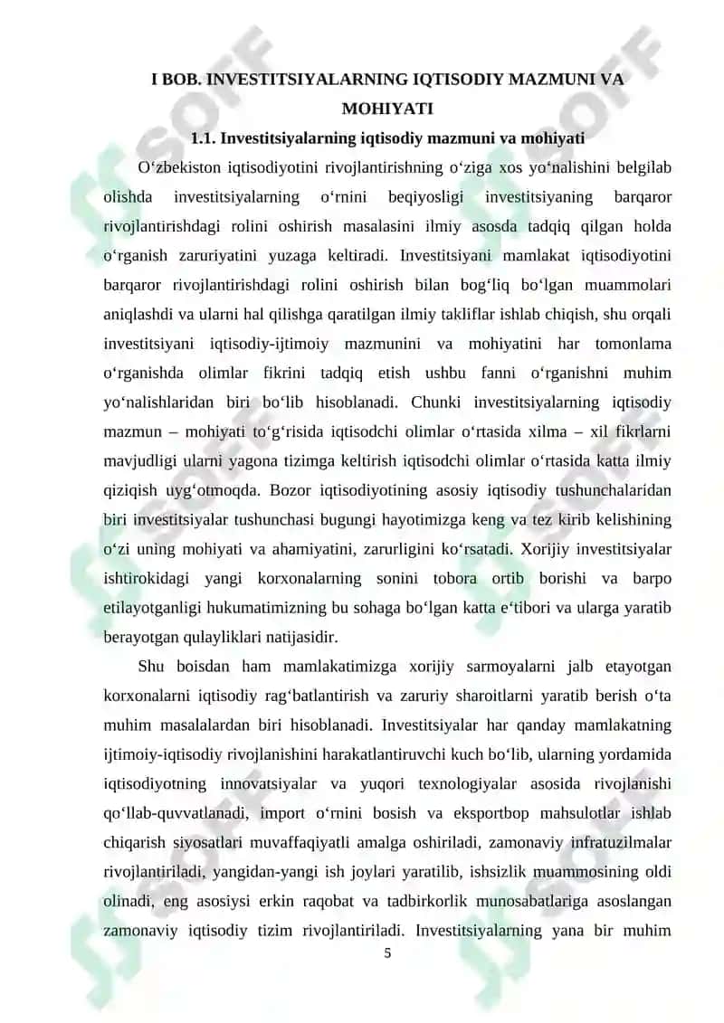 Mamlakat iqtisodiyotini rivojlantirishda investitsiyalarni o'rni va ahamiyati 5