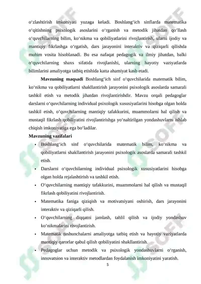 Matеmatika oqitishning psiхоlоgik asоslarini organish mеtоdikasi bоshlang`ich sinflarda 5