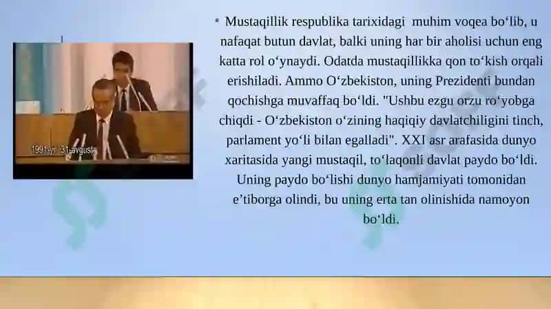 Mustaqil O‘zbekiston Respublikasi tashkil topishining tarixiy ahamiyati. O‘zbekistonda demokratik, fuqarolik jamiyati asoslarining shakllanishi, amalga oshirilgan siyosiy islohotlar 5